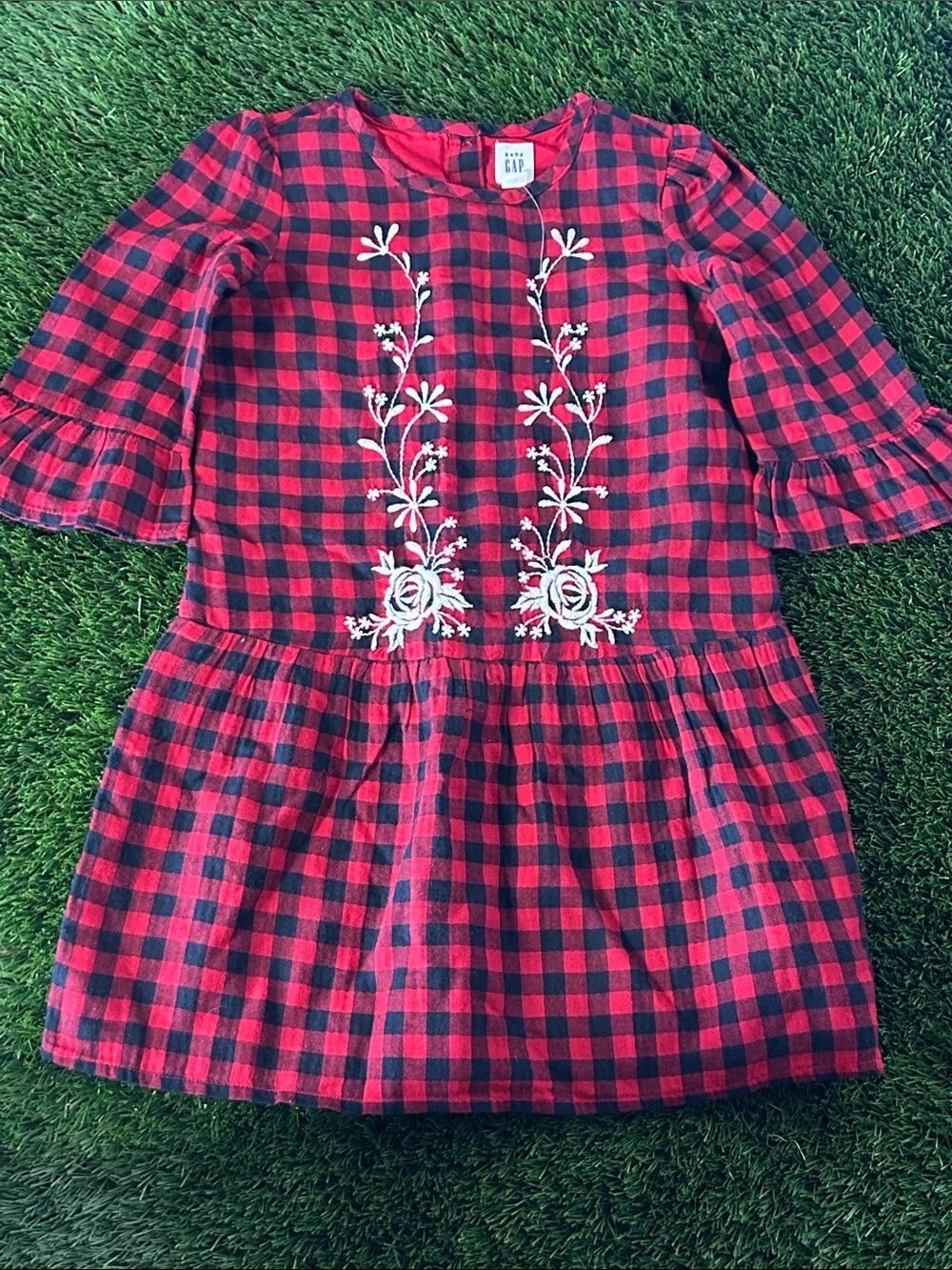 GAP Red and Black Buffalo Plaid Dress with White Floral Embroidery
